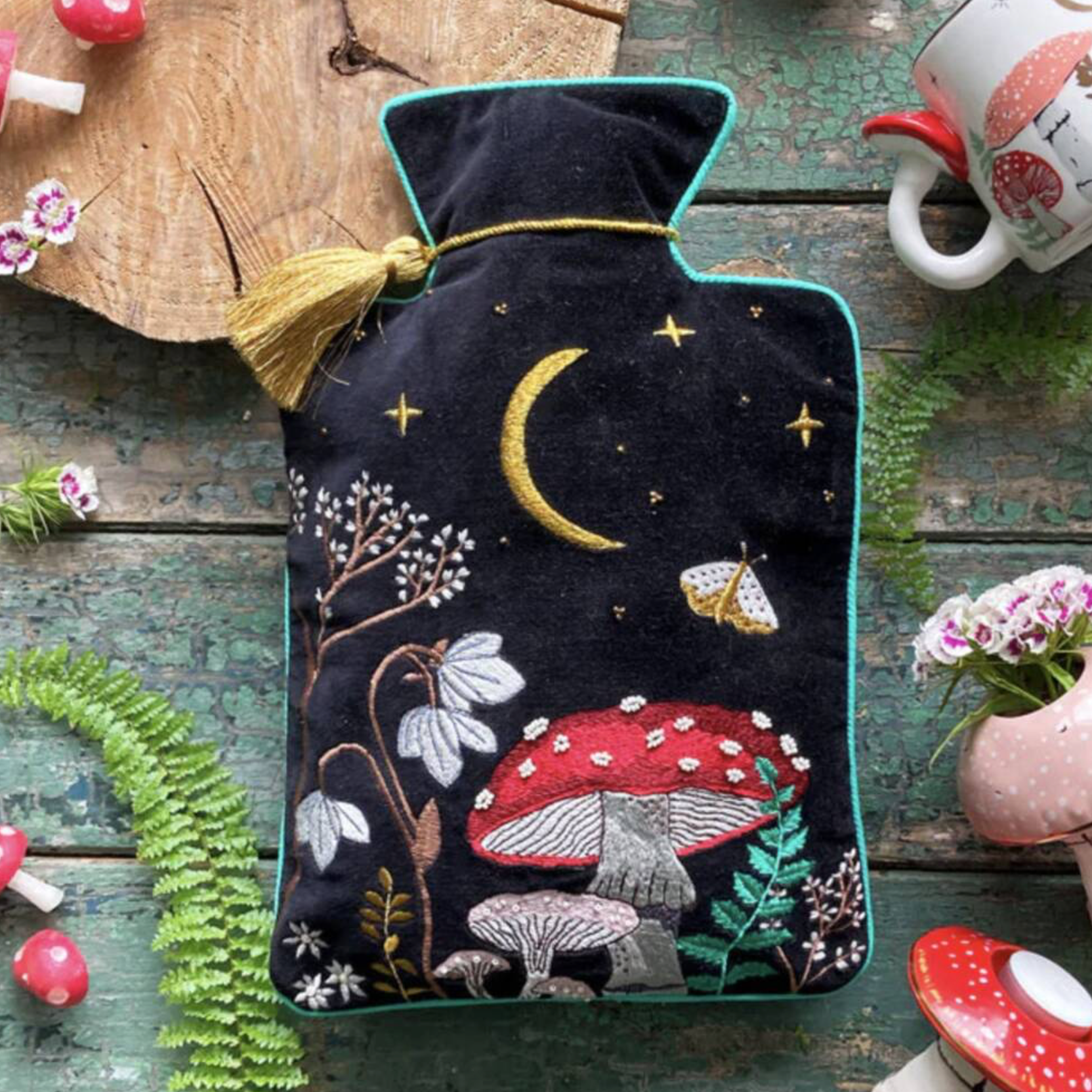 Luxury Embroidered Mushroom Hot Water Bottle