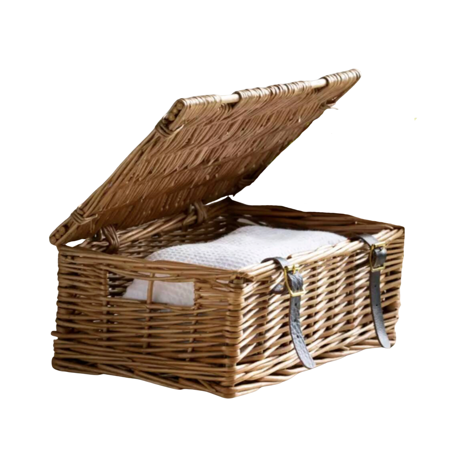 Traditional Lidded Wicker Basket With Leather Straps