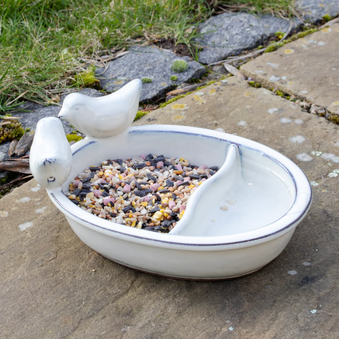 Cream Ceramic Bird Bath & Feeder