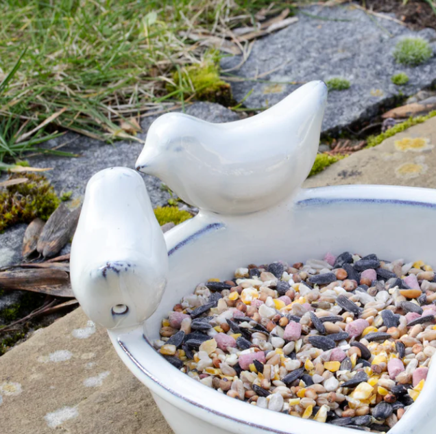 Cream Ceramic Bird Bath & Feeder