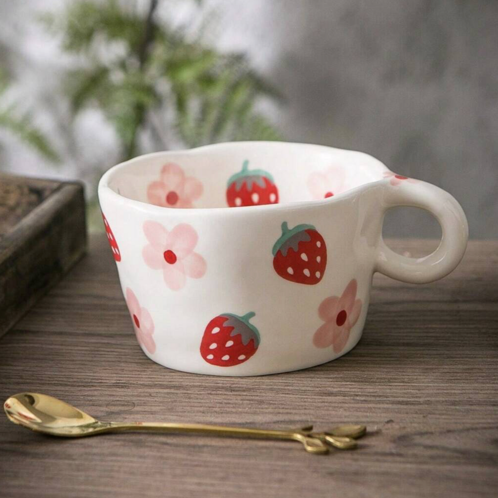 Wonky Hand Painted Strawberry Porcelain Mug