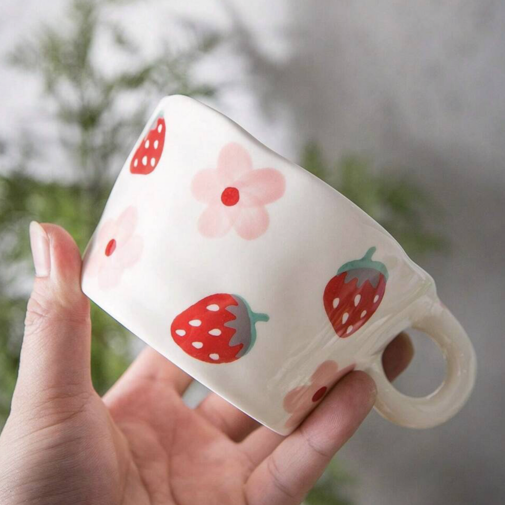 Wonky Hand Painted Strawberry Porcelain Mug