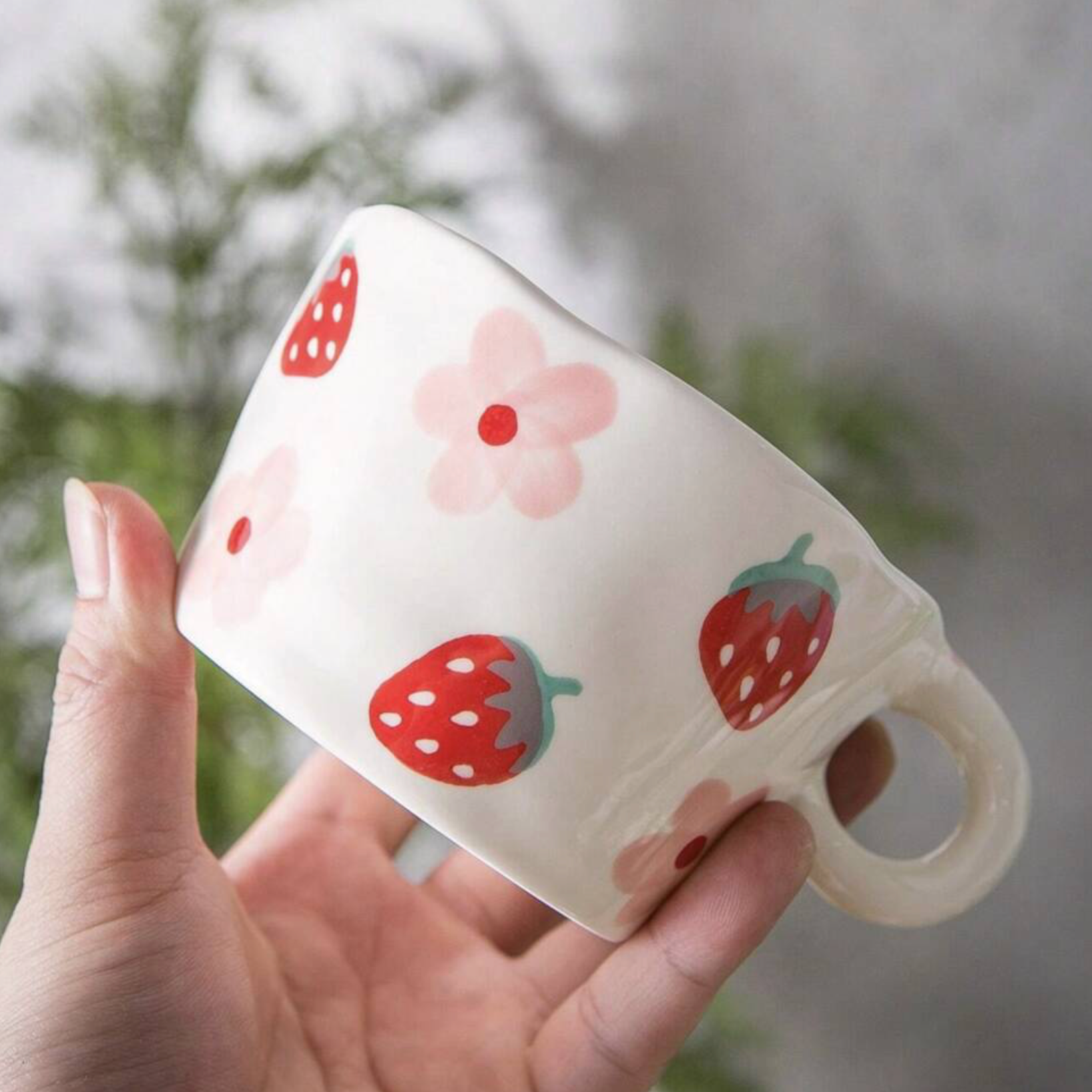 Wonky Hand Painted Strawberry Porcelain Mug