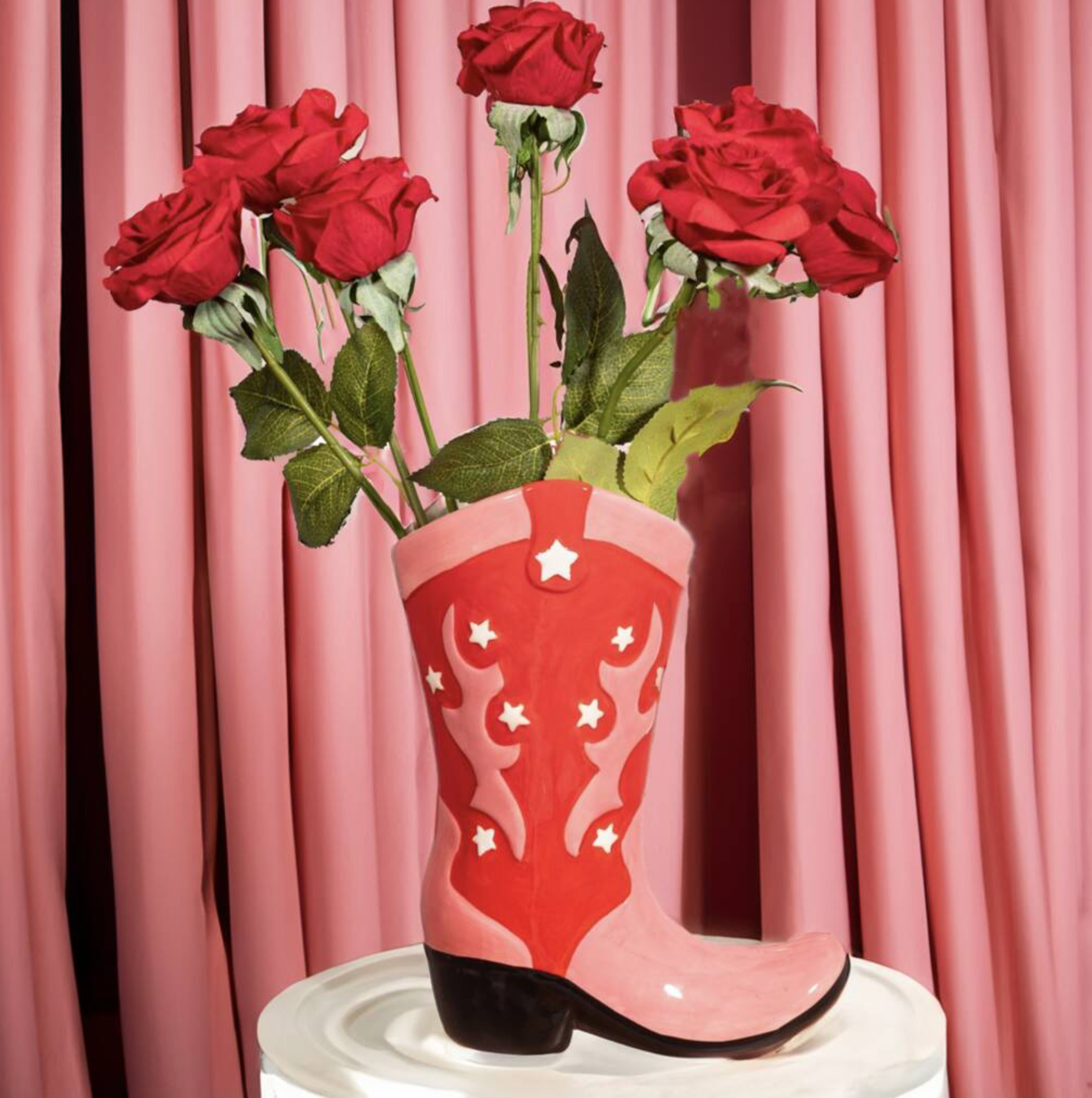 Cowboy Boot Ceramic Pink And Red Vase