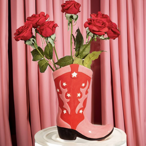 Cowboy Boot Ceramic Pink And Red Vase