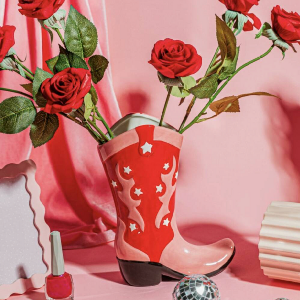 Cowboy Boot Ceramic Pink And Red Vase