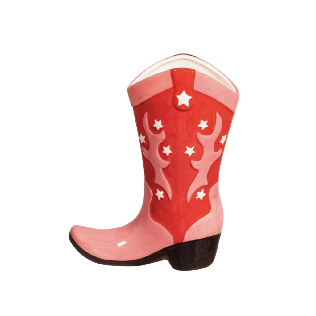 Cowboy Boot Ceramic Pink And Red Vase