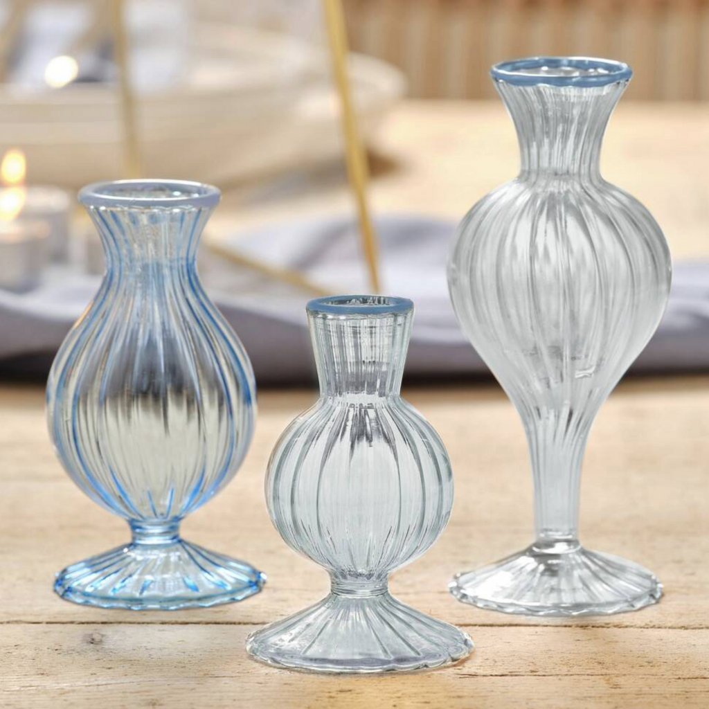 Set Of Three Crystal Blue Delicate Bud Vases