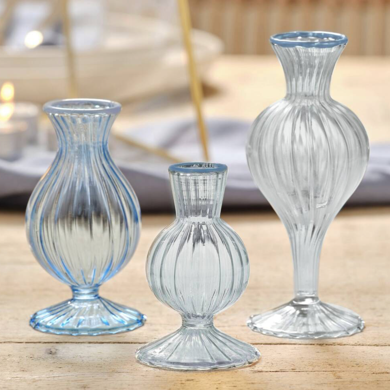 Set Of Three Crystal Blue Delicate Bud Vases