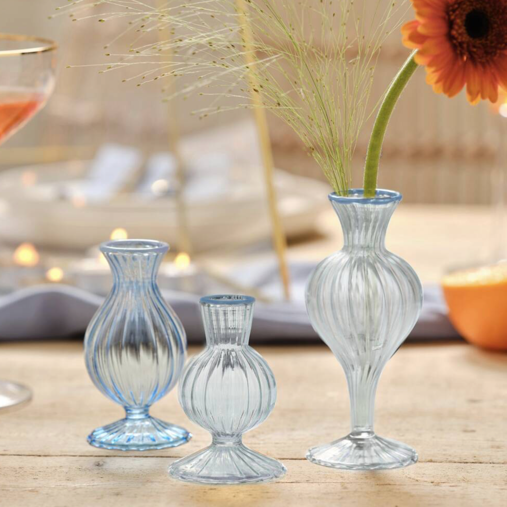 Set Of Three Crystal Blue Delicate Bud Vases