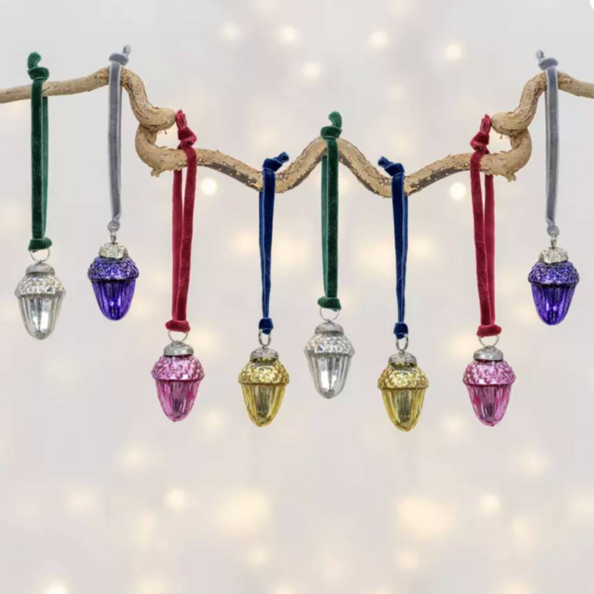 Eight Festive Acorns With Velvet Loops