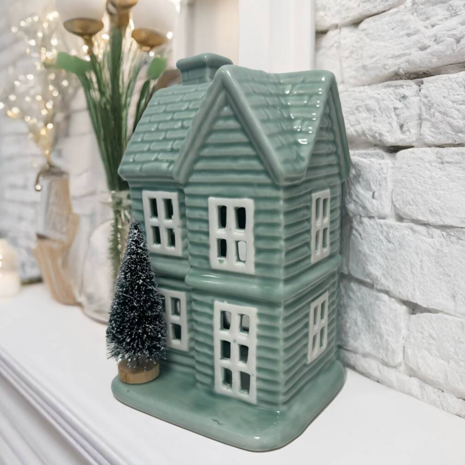 Sage Ceramic House Christmas Tealight Holder