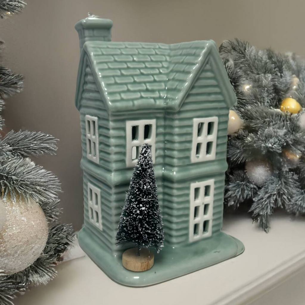 Sage Ceramic House Christmas Tealight Holder