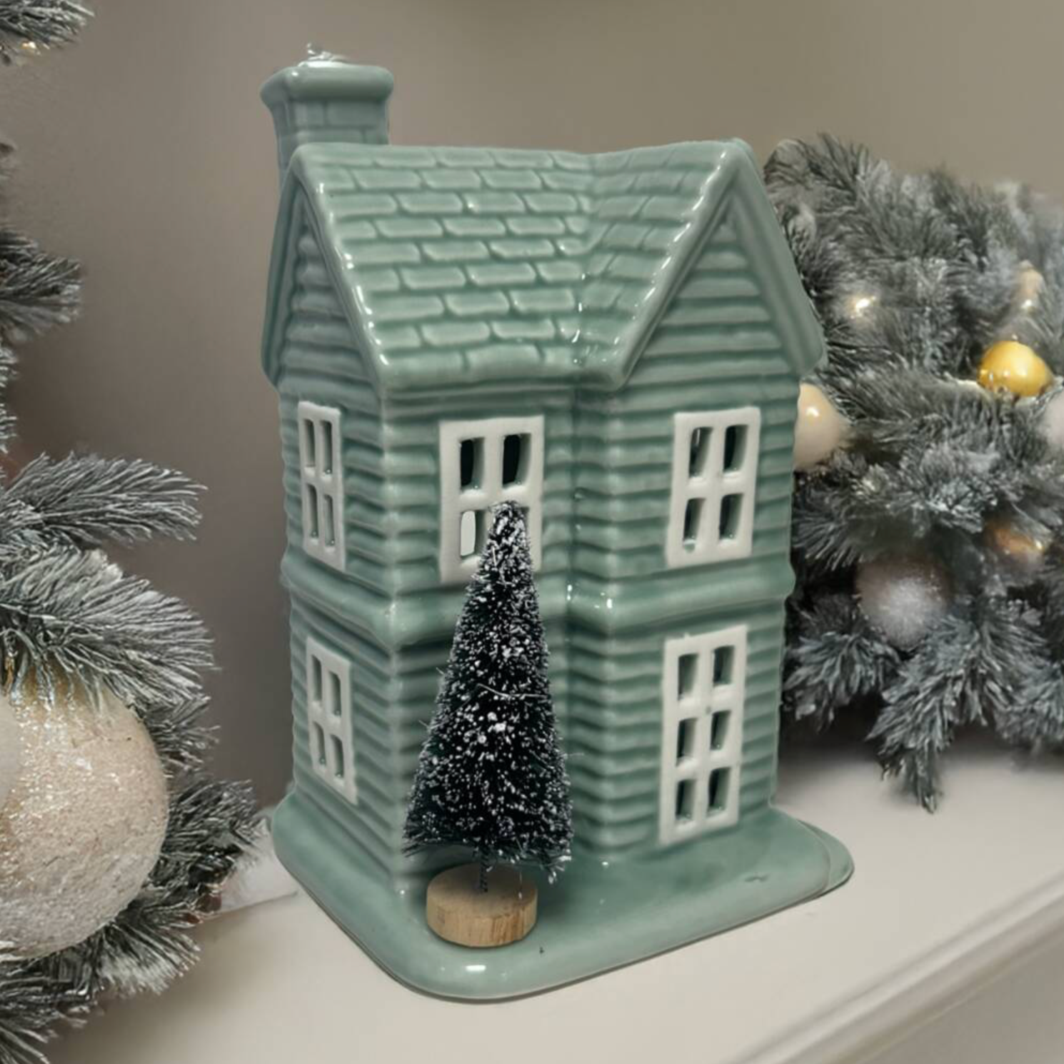 Sage Ceramic House Christmas Tealight Holder
