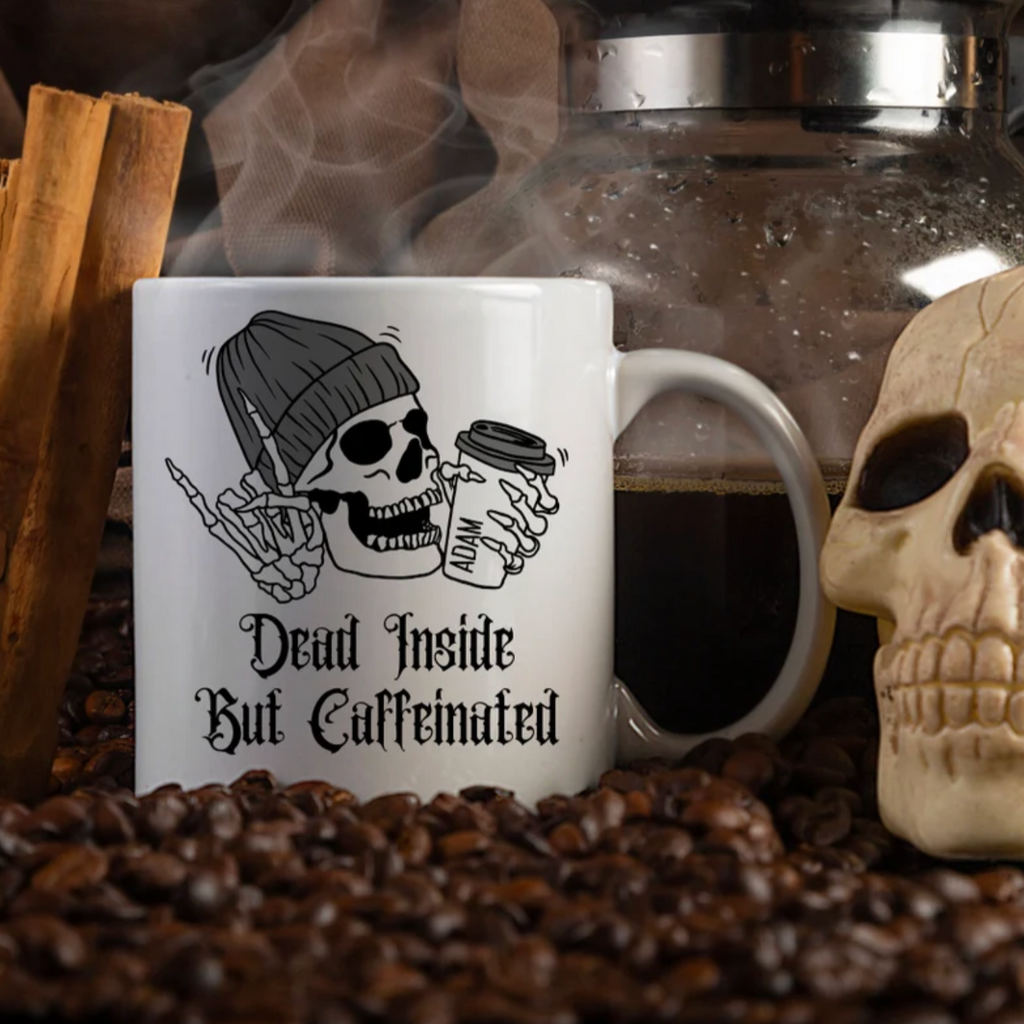 Personalised Dead Inside But Caffeinated Skeleton Mug