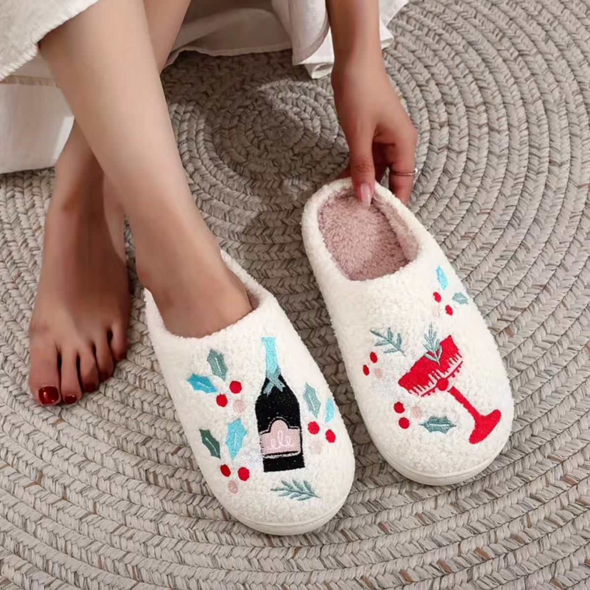 Embroidered Champagne Cocktail “O’Clock” Cosy Slippers