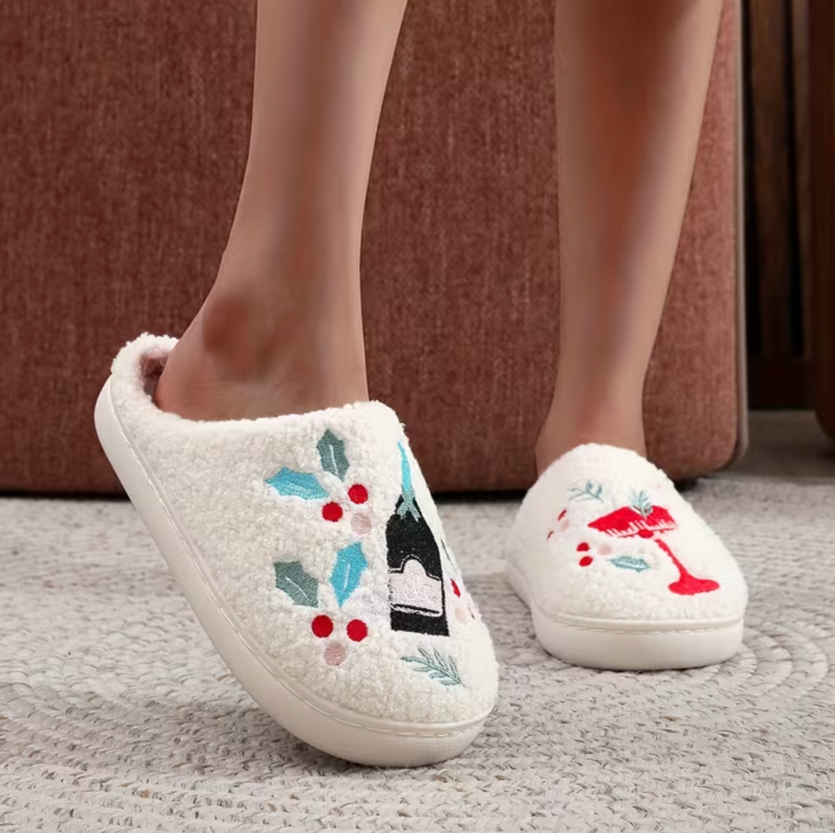 Embroidered Champagne Cocktail “O’Clock” Cosy Slippers