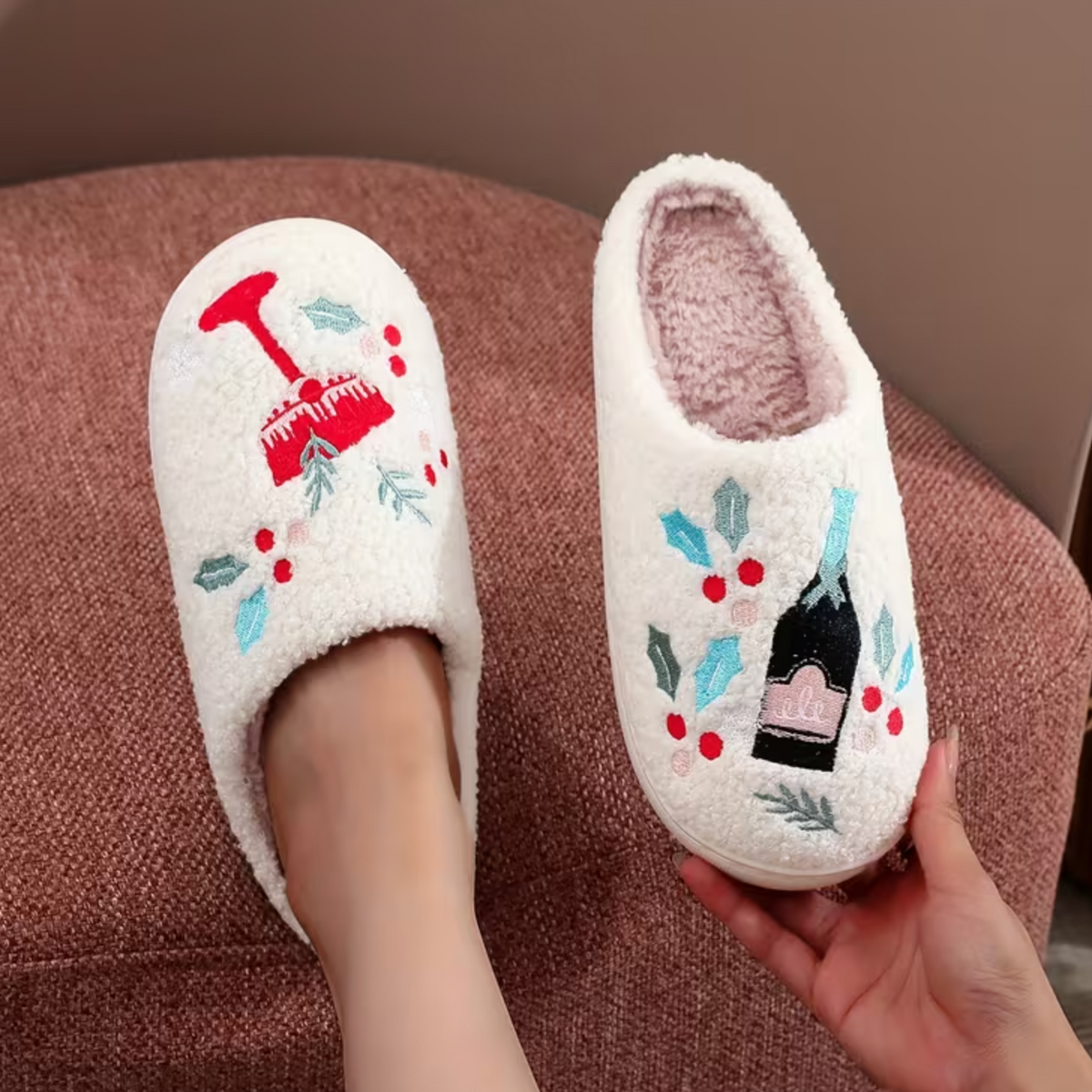 Embroidered Champagne Cocktail “O’Clock” Cosy Slippers