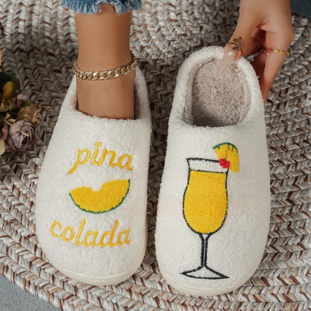 Personalised Pina Colada Cocktail Embroidered Slippers