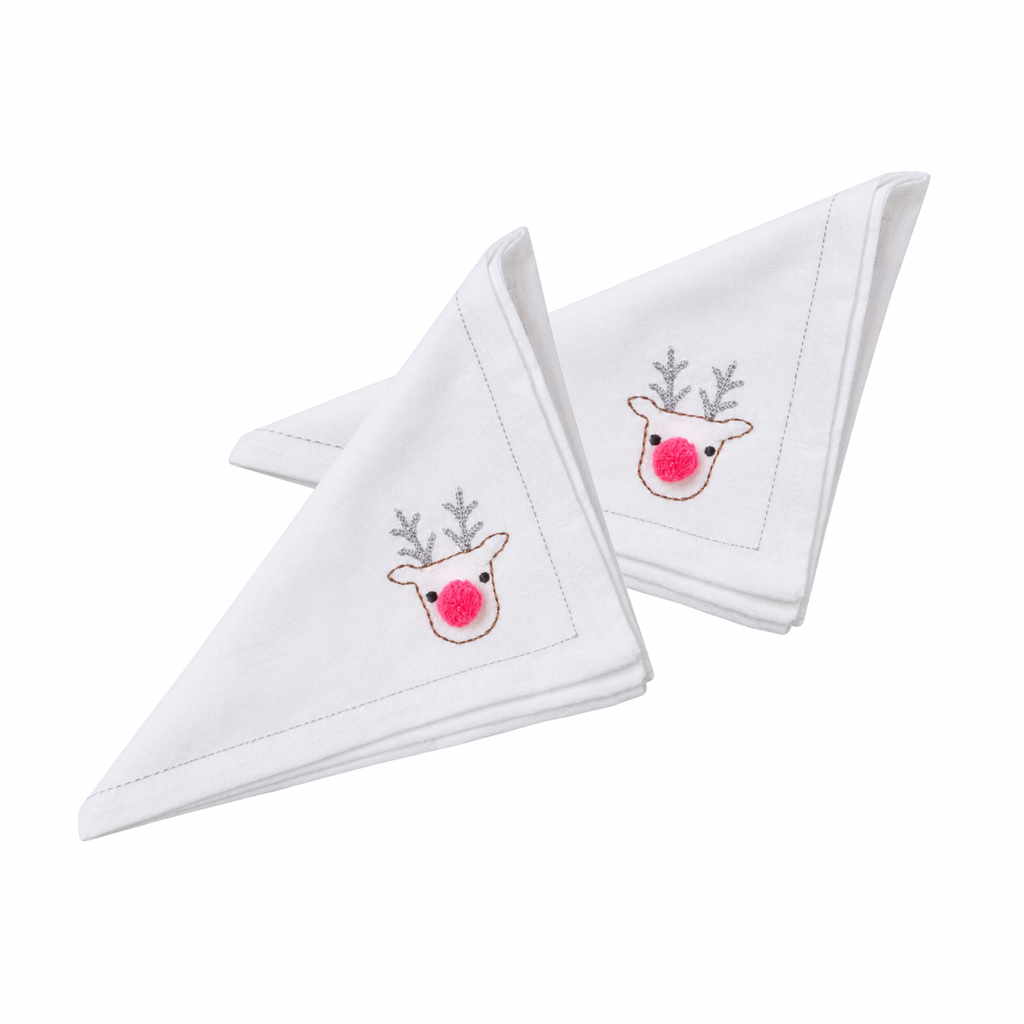 Hand-Embroidered White Cotton Reindeer Christmas Napkin