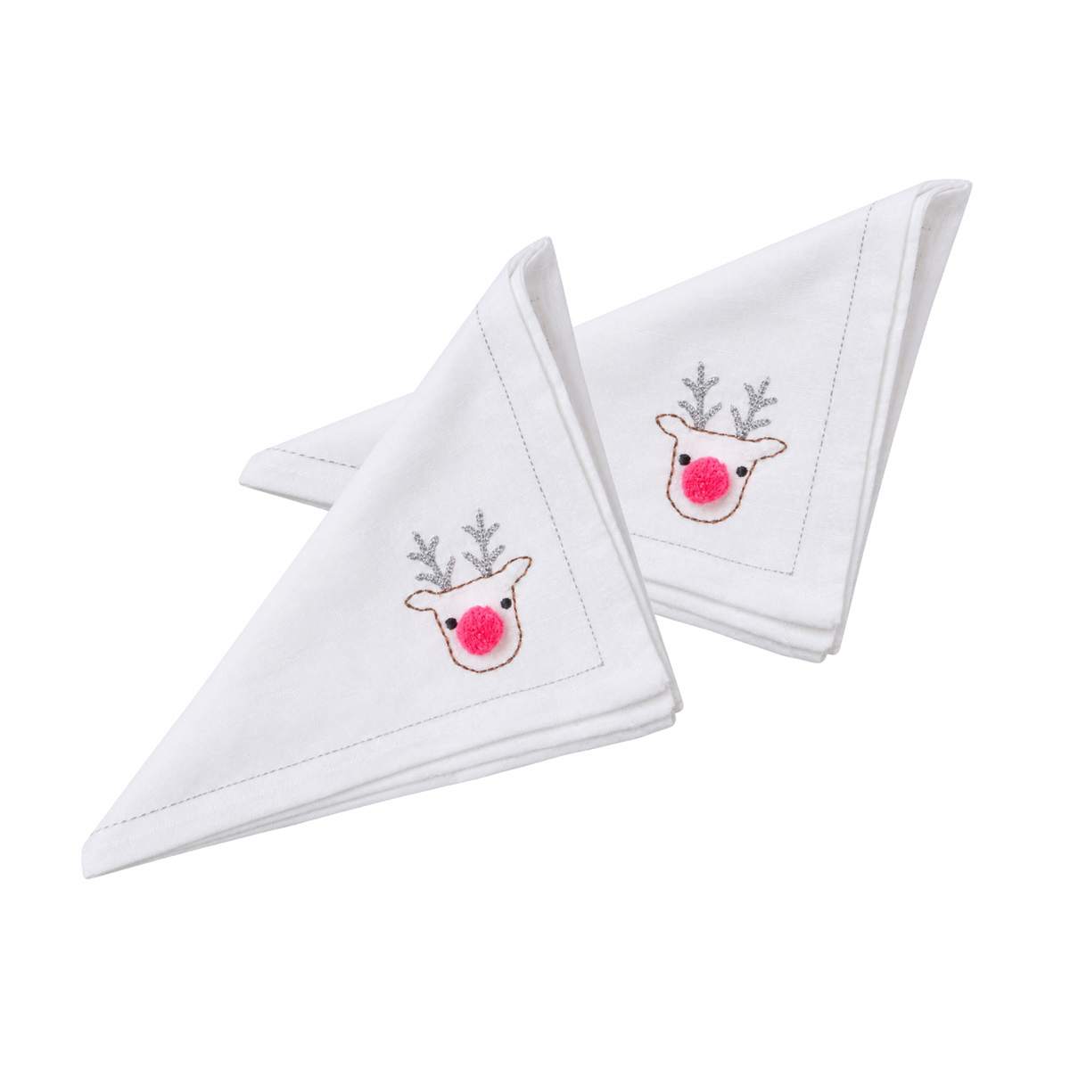 Hand-Embroidered White Cotton Reindeer Christmas Napkin