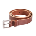 Brown leather belt with silver buckle on a light gray background