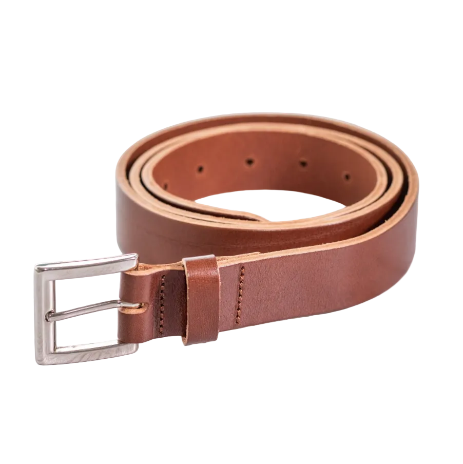 Brown leather belt with silver buckle on a light gray background