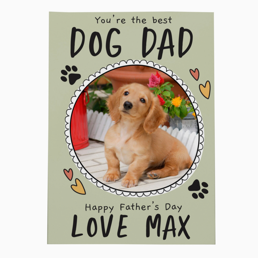 Card with a puppy photo and text 'You're the best dog dad. Happy Father's Day. Love Max' on a light green background.