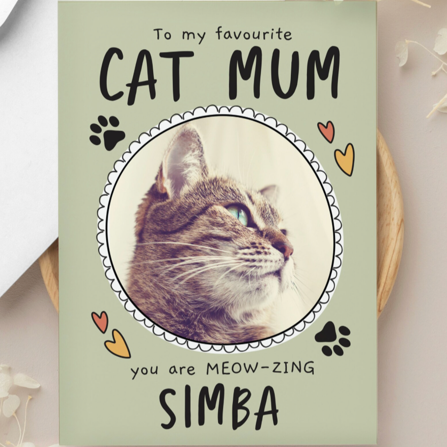 Greeting card for a cat mom with a cat's face and personalized text on a light green background.
