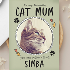 Greeting card for a cat mom with a cat's face and personalized text on a light green background.