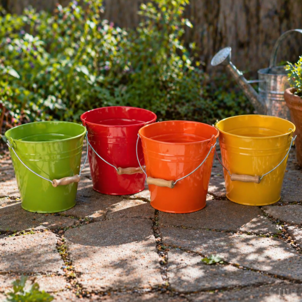 Four colorful buckets (green, red, orange, yellow) on a stone surface with plants in the background.