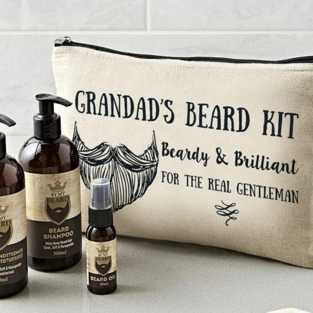 Grandad's Beard Kit with beard shampoo, conditioner, and oil on a light background