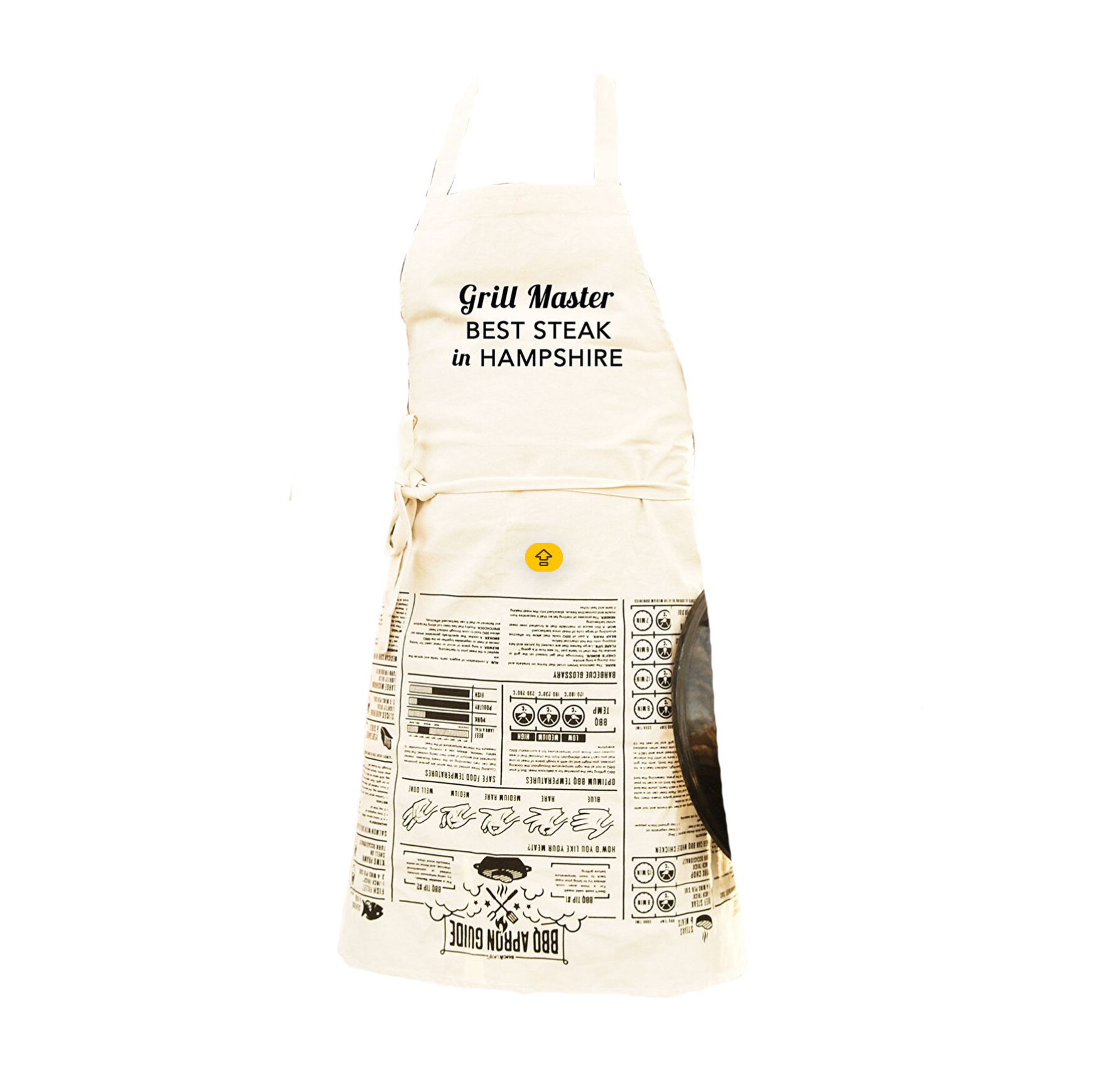 Beige apron with 'Grill Master Best Steak Hampshire' text and brand logo on a white background