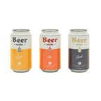 Three cans labeled 'Beer Socks' with different types of beer on a yellow background