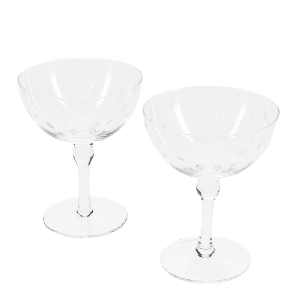 Pair of Etched Star Champagne Gift Coupe Cocktail Glasses