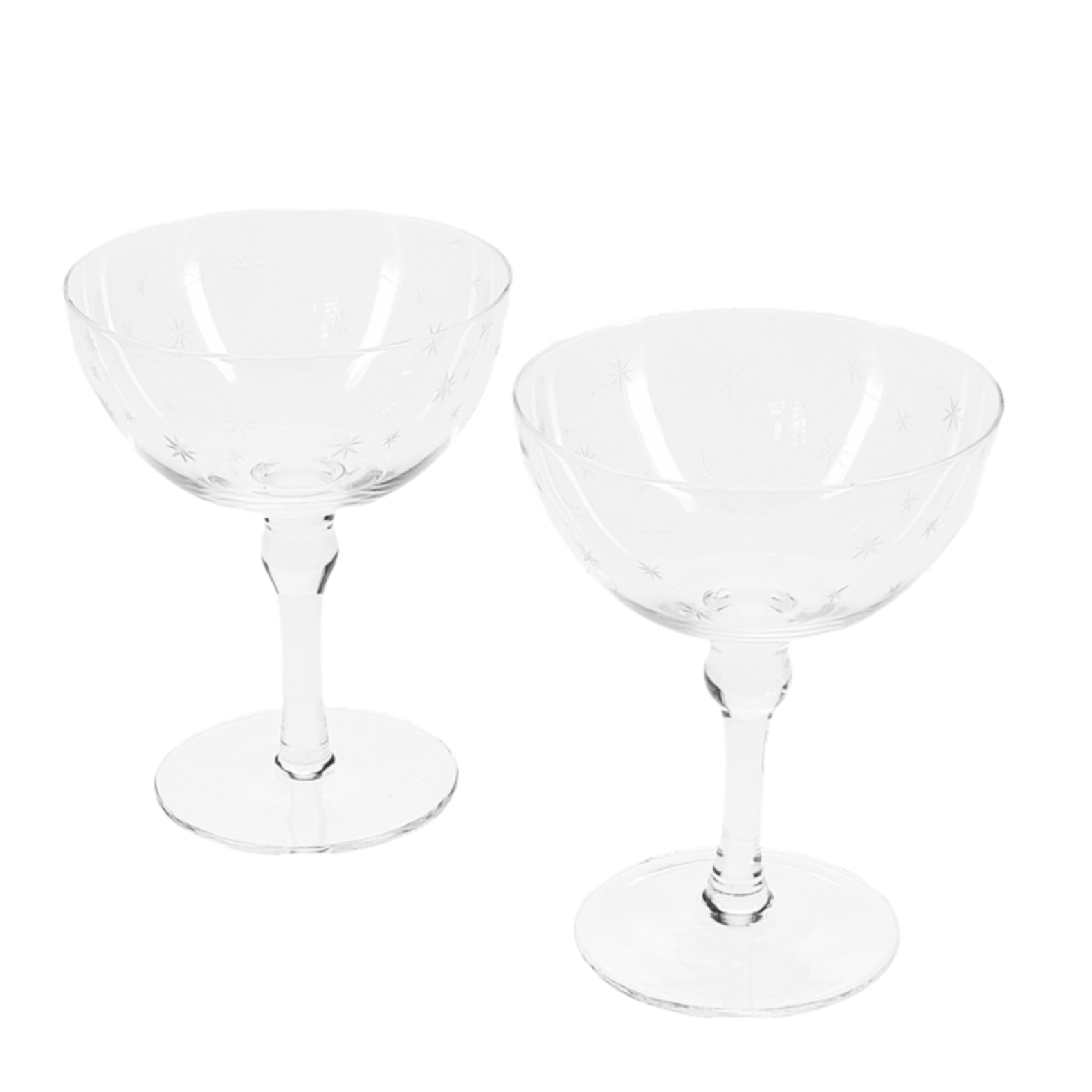 Pair of Etched Star Champagne Gift Coupe Cocktail Glasses