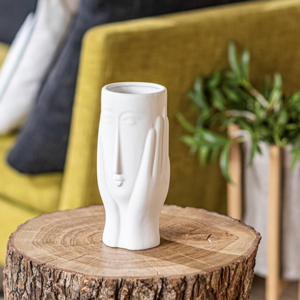 Elegant Matte White Face & Hands Stoneware Vase