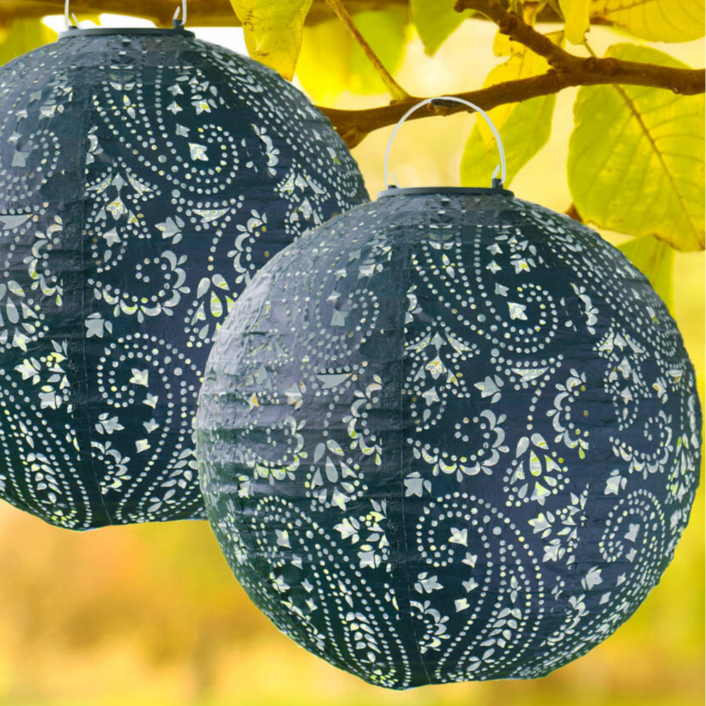 Two Paisley Navy Garden Solar Lanterns