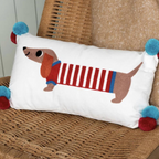 Embroidered Sausage Dog Cushion with Pom Poms