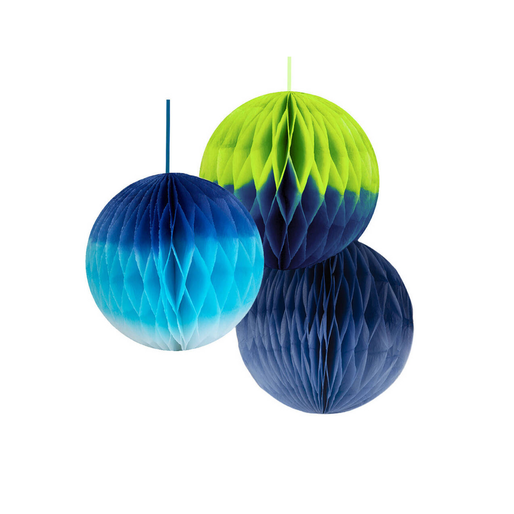 Three Blue And Green Ombre Paper Honeycomb Decorations
