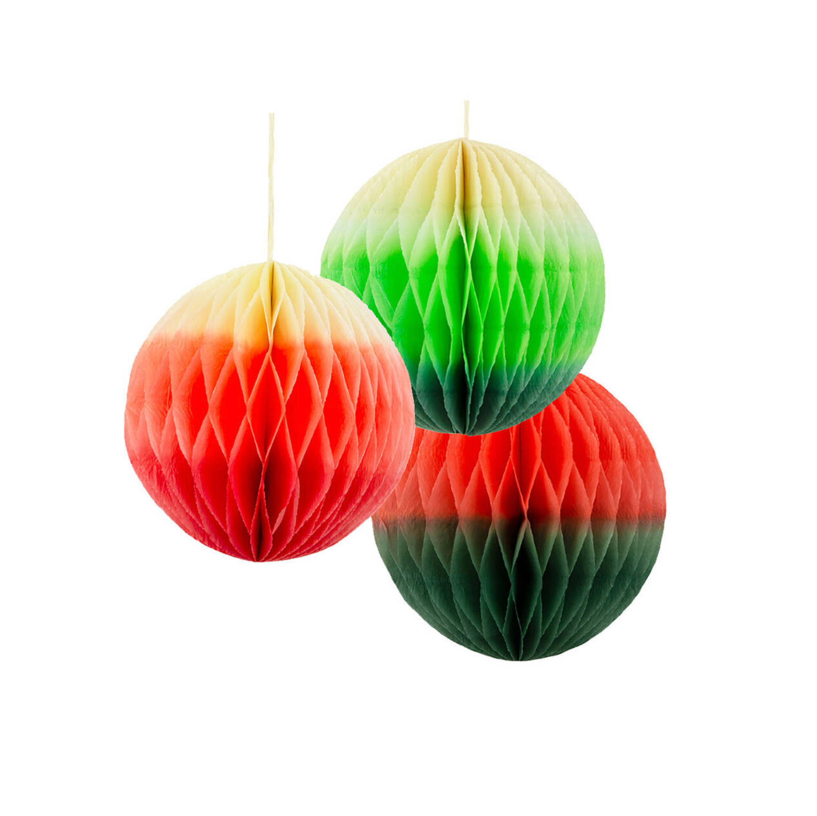 Three Red And Green Ombre Paper Honeycomb Decorations