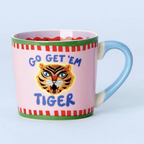 Go Get Em Tiger mug standing upright on white background showing full design and blue handle