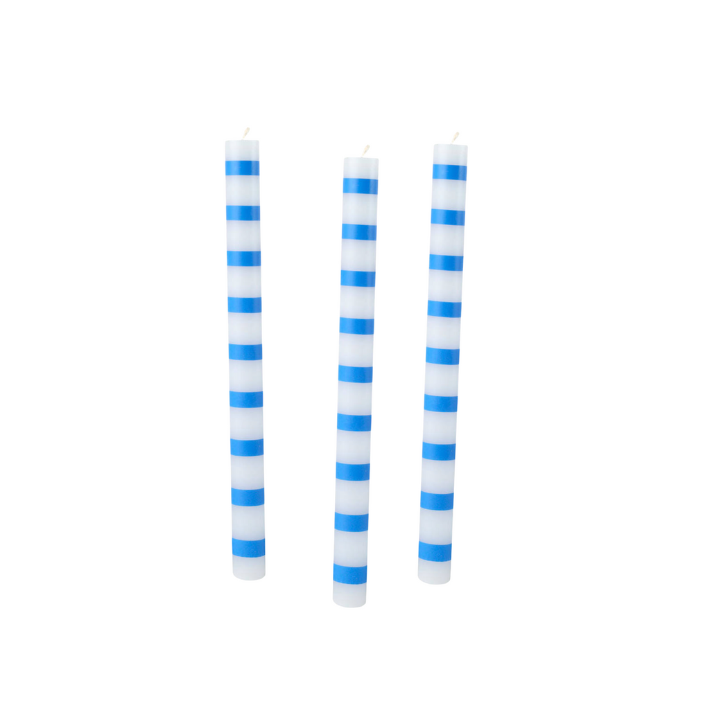 Blue and White Stripe Dinner Candles product listing screenshot showing price and product details