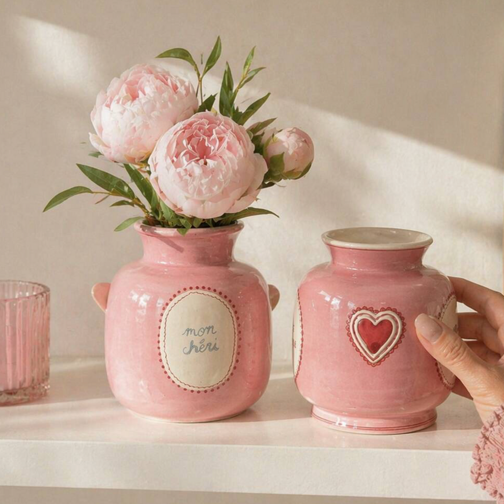 Mini Pink Dopamine Vase held up close showing the mon chéri cartouche with white roses