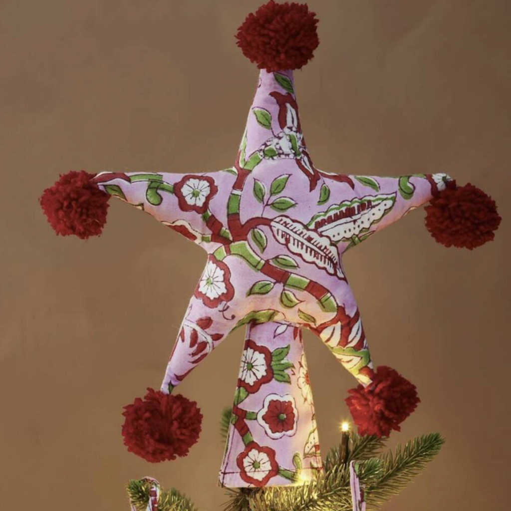 Product listing screenshot for Two Sided Pom Pom Padded Fabric Star Tree Topper showing price and product details
