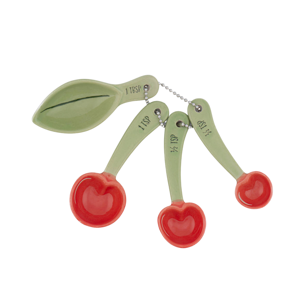 Cherry Ceramic Measuring Spoons close up showing the three cherry-shaped bowls and measurement markings on the handles