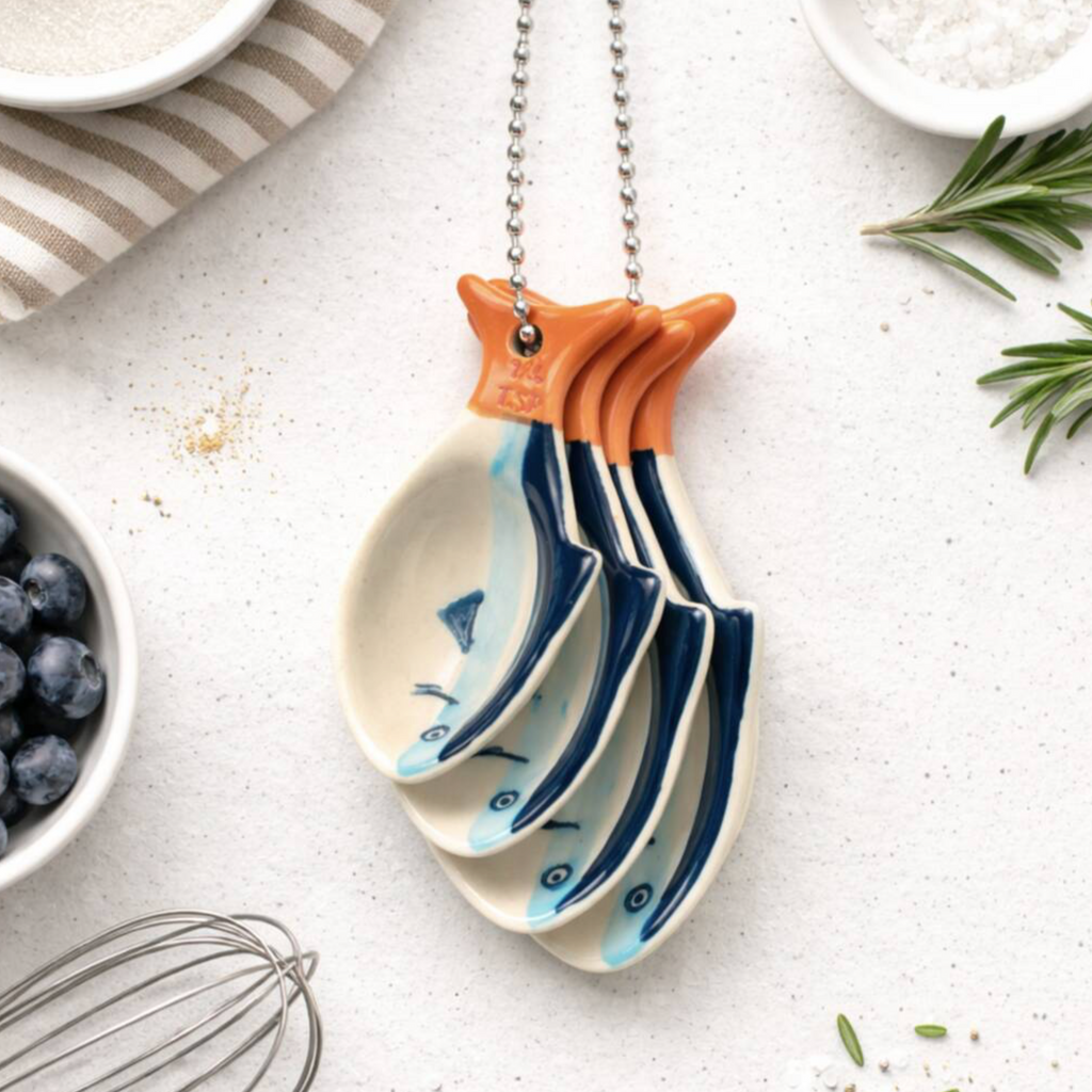 Sardine Ceramic Measuring Spoons stacked and hanging on silver ball chain on white background