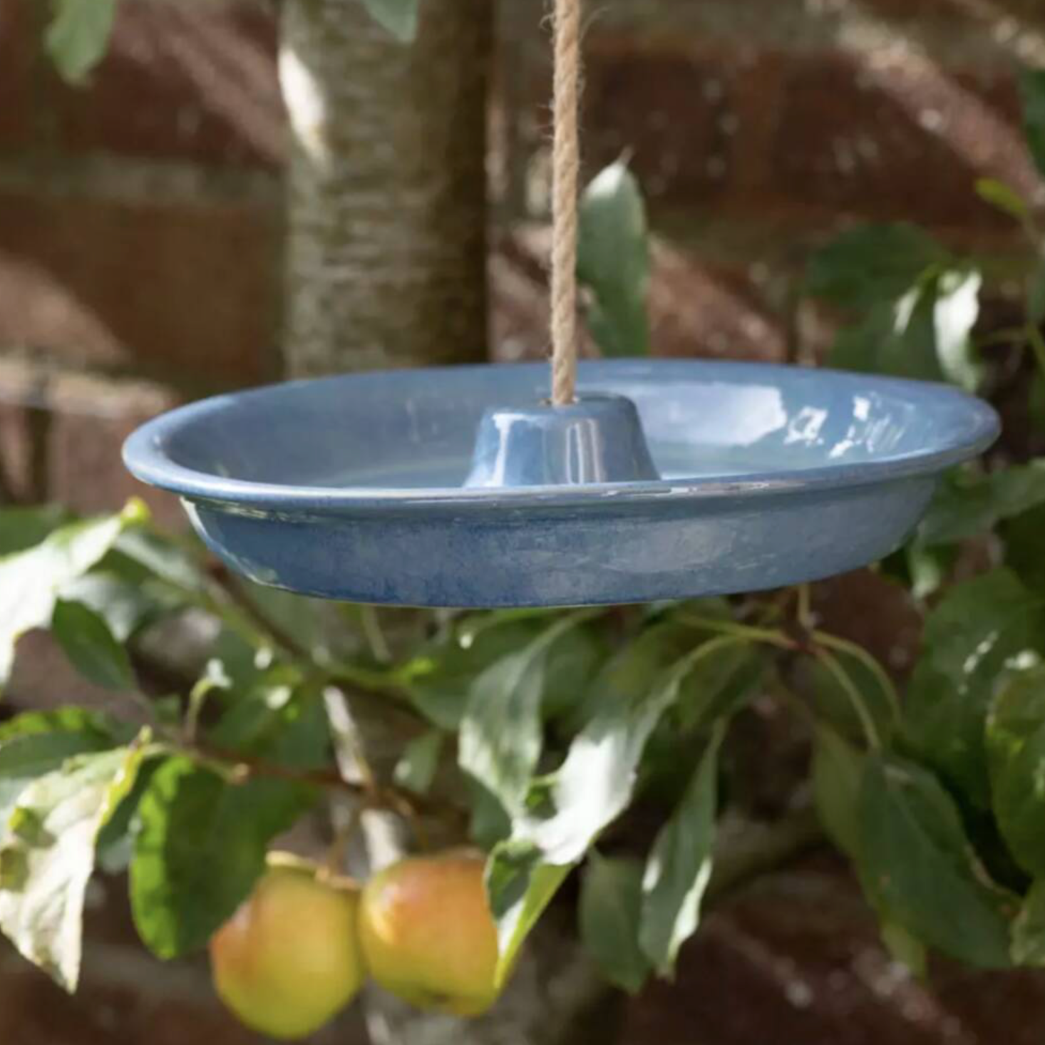 Ceramic Hanging Bird Feeder and Bath in blush pink hanging from a jute rope among green garden foliage