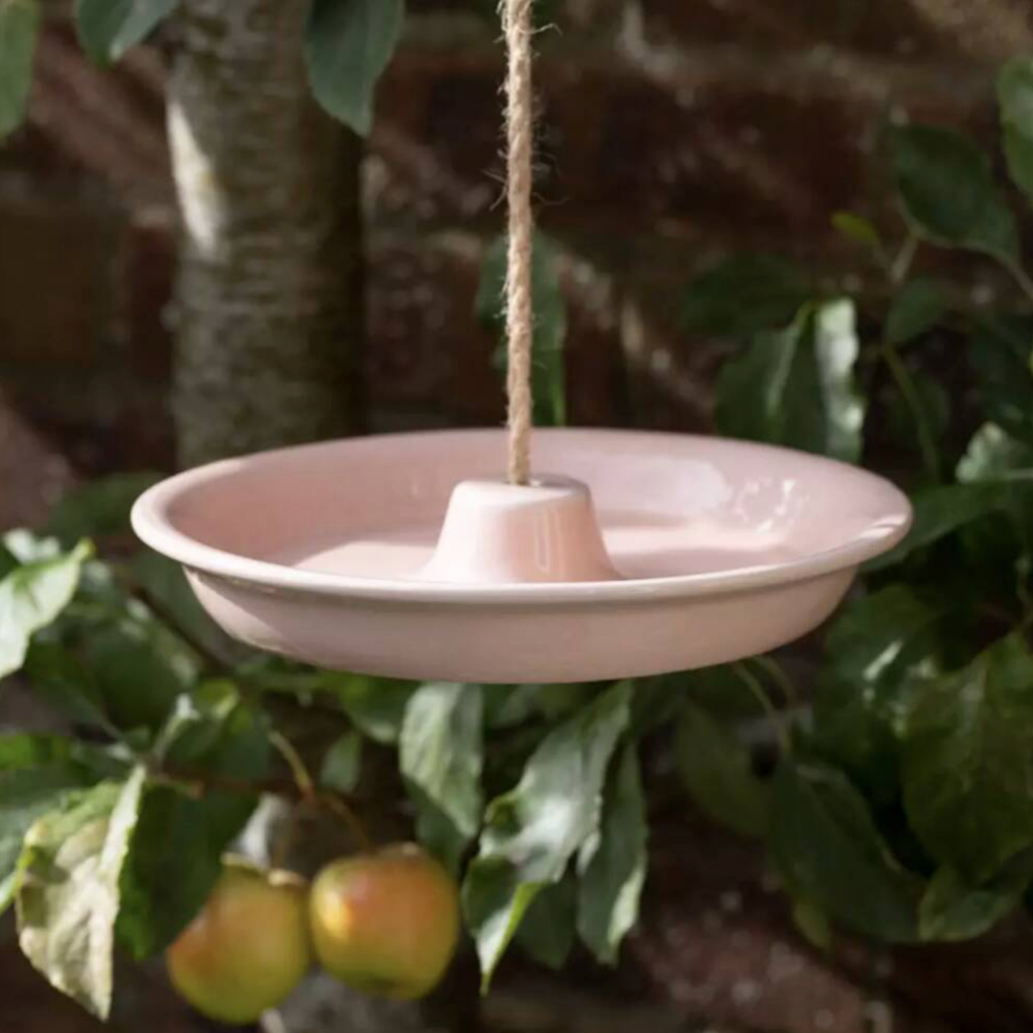 Cornflower blue Ceramic Hanging Bird Feeder and Bath hanging from a jute rope in a garden with apple tree in background