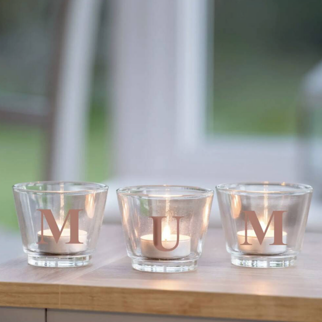 Personalised Letter Glass Votives spelling AMY in black letters on white background showing the full product